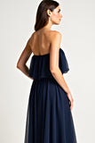 Navy Square Neck Ruched Long Wedding Guest Dress