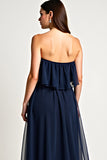 Navy Square Neck Ruched Long Wedding Guest Dress