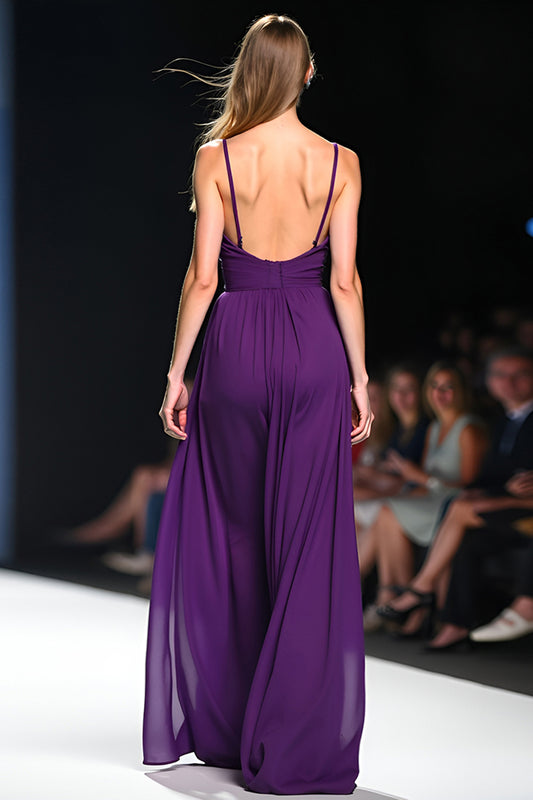 Spaghetti Straps Dark Purple Tulle Long Prom Jumpsuit