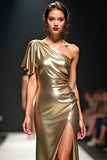 One Shoulder Golden Metallic Long Gala Dress with Slit