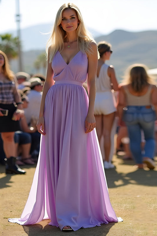 A Line Lilac V-Neck Ruched Long Bridesmaid Dress