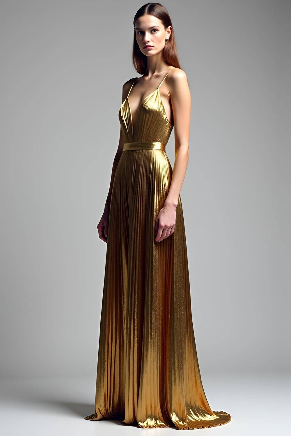 Metallic Deep V-Neck Golden Pleated Long Prom Dress