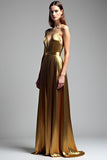 Metallic Deep V-Neck Golden Pleated Long Prom Dress