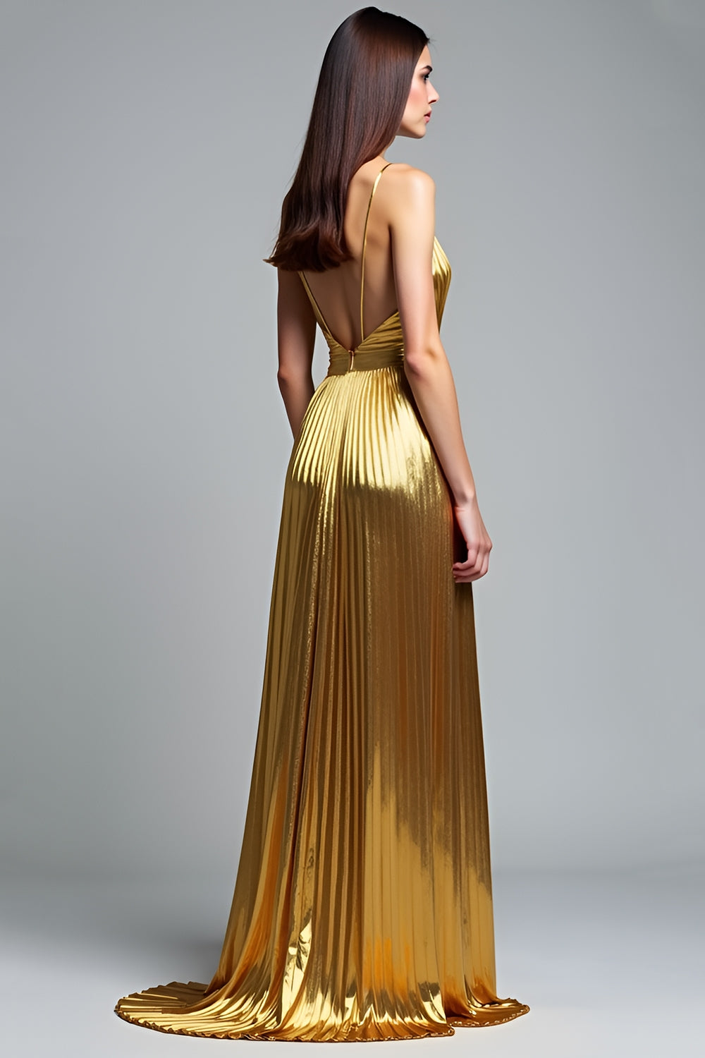 Metallic Deep V-Neck Golden Pleated Long Prom Dress
