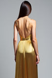 Metallic Deep V-Neck Golden Pleated Long Prom Dress