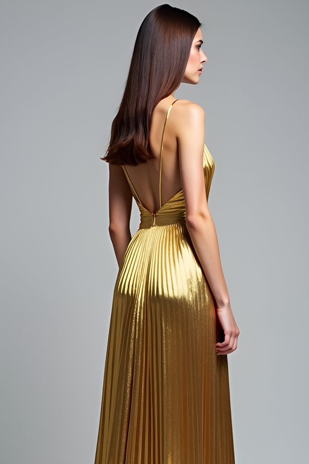 Metallic Deep V-Neck Golden Pleated Long Prom Dress