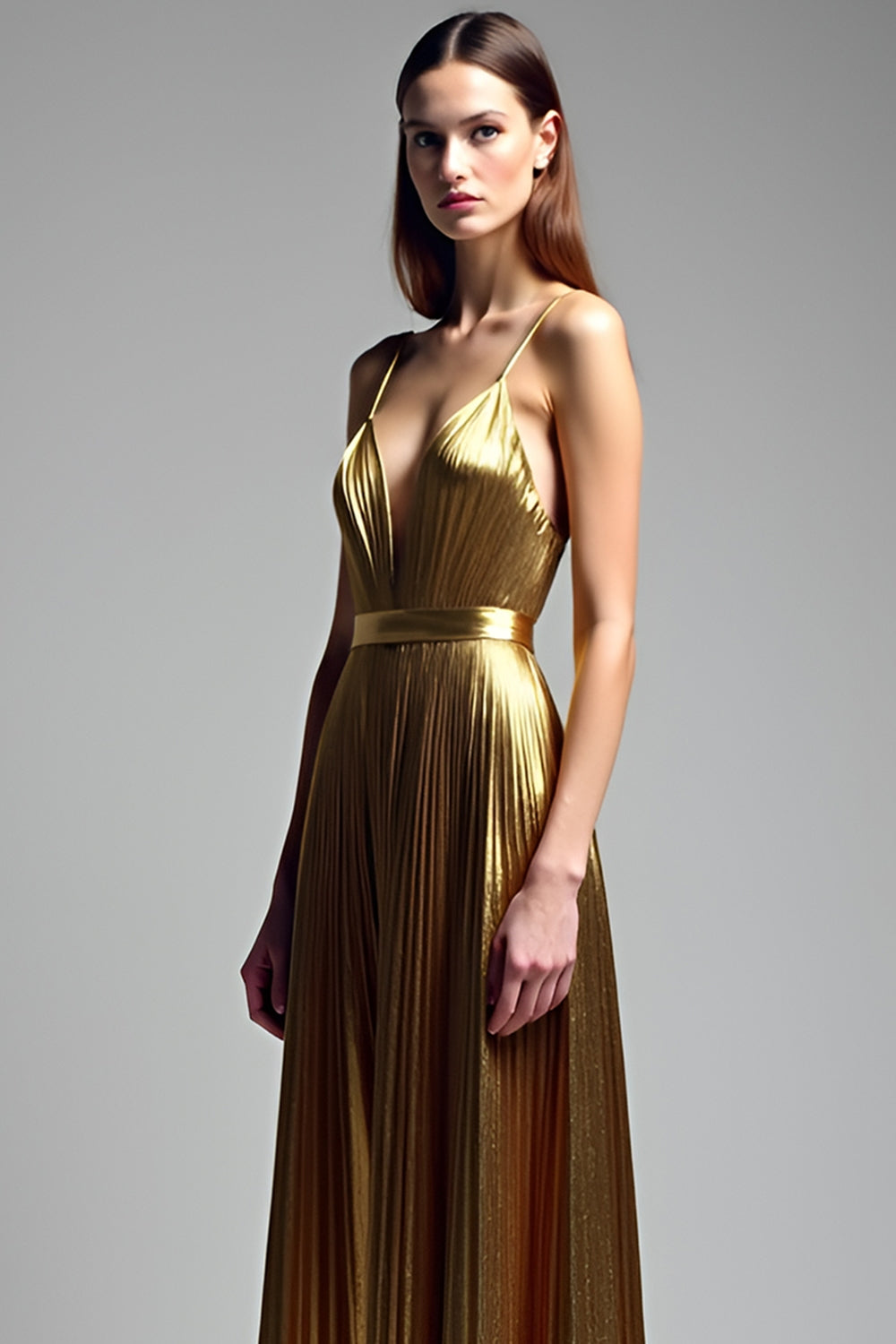 Metallic Deep V-Neck Golden Pleated Long Prom Dress