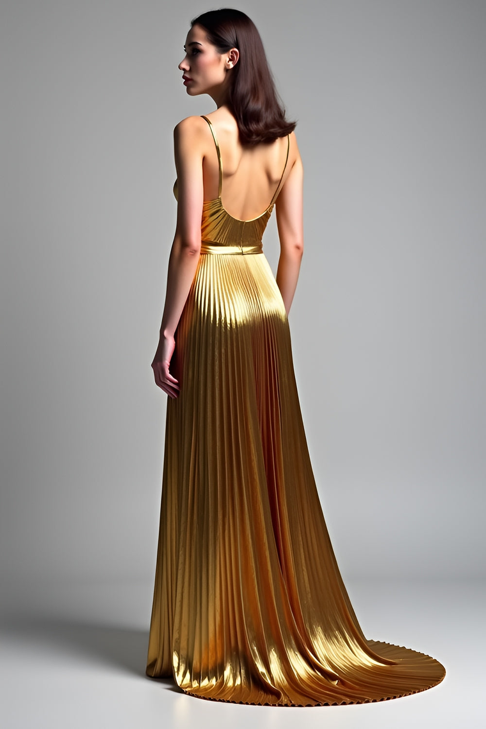 ZAPAKASA Women Metallic Golden A Line Wedding Guest Dress Spaghetti Straps V-Neck Backless Long Formal Dress ZAPAKASA Women Metallic Golden A Line Wedding Guest Dress Spaghetti Straps V-Neck Backless Long Formal Dress