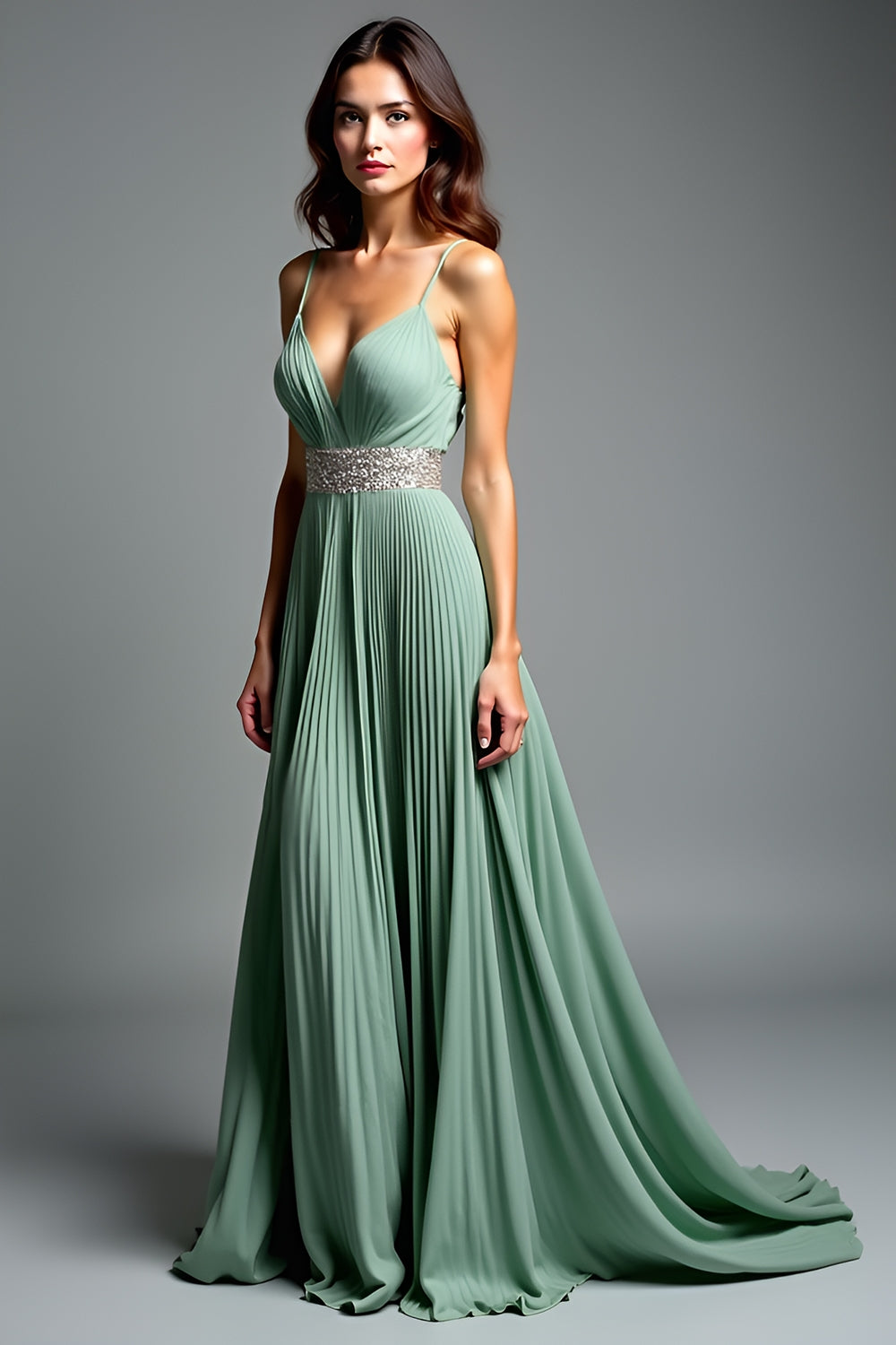 Pleated V-Neck Dusty Sage Long Prom Dress with Slit
