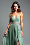 Pleated V-Neck Dusty Sage Long Prom Dress with Slit