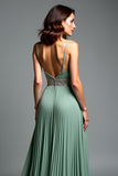 Pleated V-Neck Dusty Sage Long Prom Dress with Slit