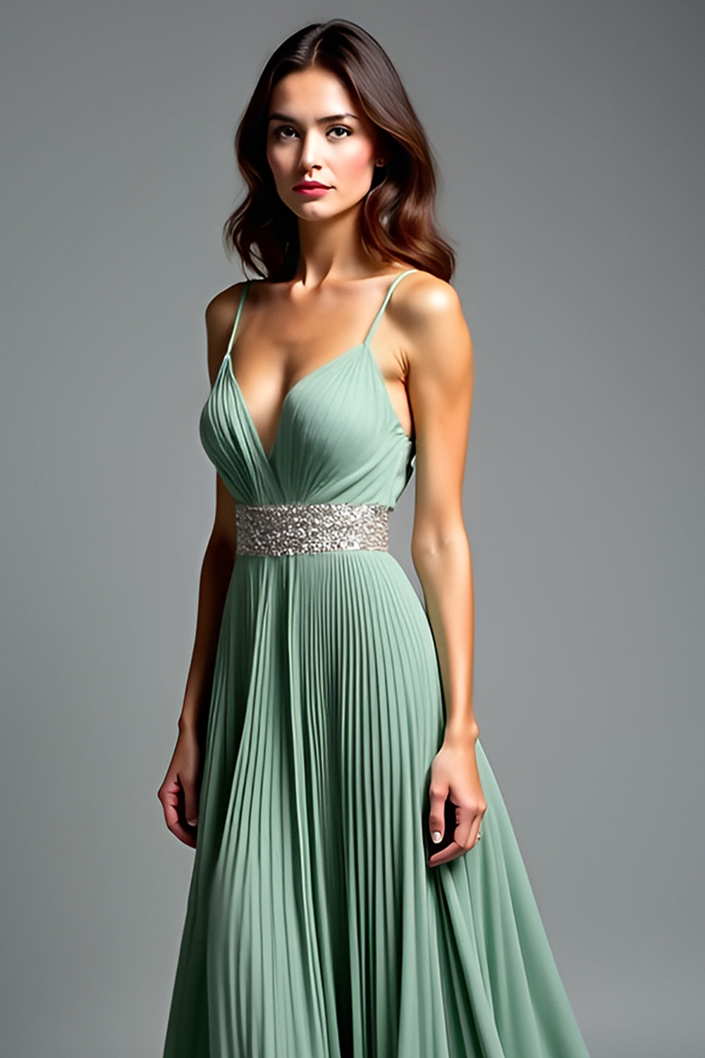 Pleated V-Neck Dusty Sage Long Prom Dress with Slit