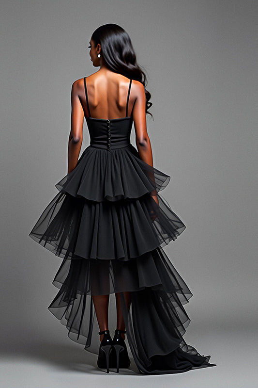 Tiered Long A Line Black Tulle Prom Dress
