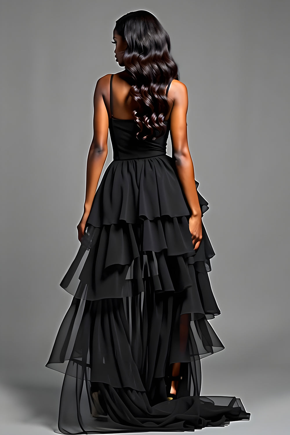 Tiered Long A Line Black Tulle Prom Dress