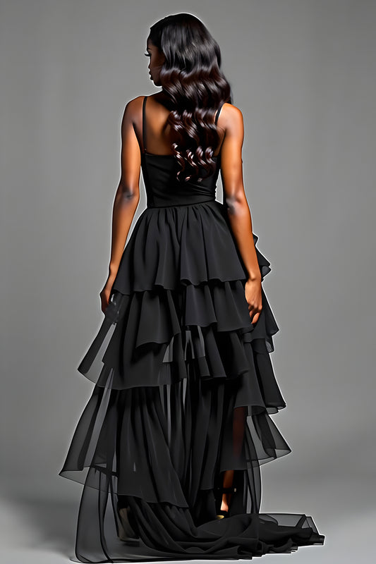 Tiered Long A Line Black Tulle Prom Dress