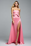 Square Neck Hot Pink Bowknot Long Prom Dress with Slit
