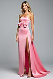 Square Neck Hot Pink Bowknot Long Prom Dress with Slit