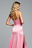 Square Neck Hot Pink Bowknot Long Prom Dress with Slit
