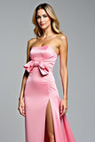 Square Neck Hot Pink Bowknot Long Prom Dress with Slit