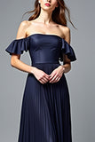 Off the Shoulder Pleated Navy A Line Formal Dress with Ruffles