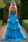 Tiered Chiffon Blue Strapless A Line Ruched Long Prom Dress
