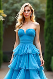 Tiered Chiffon Blue Strapless A Line Ruched Long Prom Dress