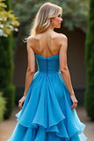 Tiered Chiffon Blue Strapless A Line Ruched Long Prom Dress