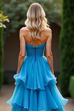Tiered Chiffon Blue Strapless A Line Ruched Long Prom Dress