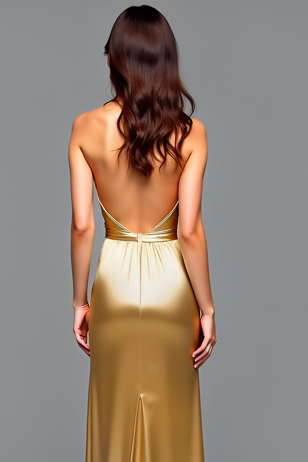 Halter Asymmetrical Golden Backless High-Low Prom Dress