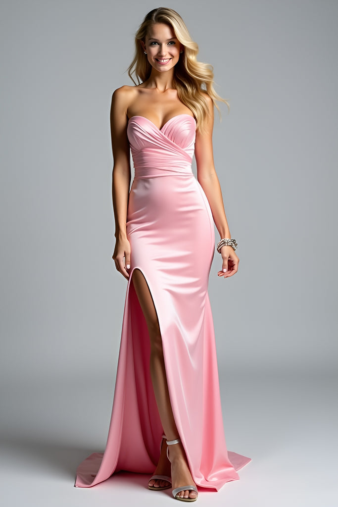 Scoop Neck Pink Sheath Satin Long Prom Dress main image 0