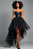 Corset Tiered Black Strapless Tulle High Low Prom Dress