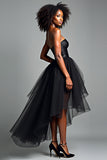 Corset Tiered Black Strapless Tulle High Low Prom Dress