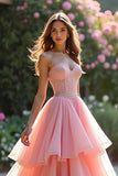A Line Pink Tiered Long Prom Dress with Ruffles