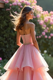A Line Pink Tiered Long Prom Dress with Ruffles