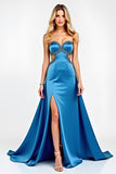 Satin Blue Strapless Long Prom Dress with Slit