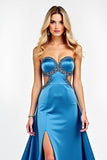 Satin Blue Strapless Long Prom Dress with Slit