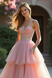 Beaded Blush A Line Tiered Long Prom Dress with Ruffles