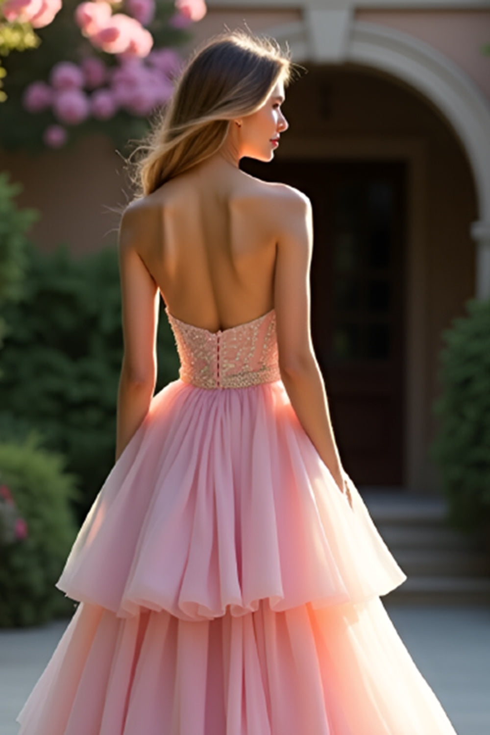 Beaded Blush A Line Tiered Long Prom Dress with Ruffles