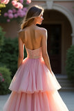 Beaded Blush A Line Tiered Long Prom Dress with Ruffles