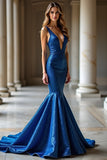 Deep V-Neck Royal Blue Mermaid Long Prom Dress