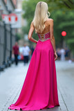 Beaded Long Fuchsia A Line Strapless Prom Dress with Slit