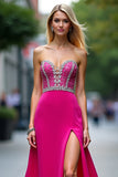 Beaded Long Fuchsia A Line Strapless Prom Dress with Slit