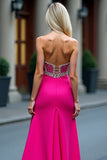 Beaded Long Fuchsia A Line Strapless Prom Dress with Slit