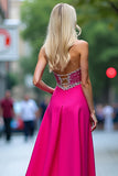 Beaded Long Fuchsia A Line Strapless Prom Dress with Slit