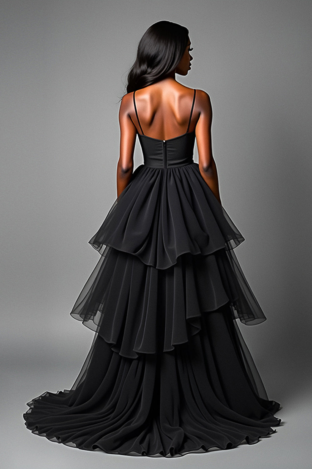 Asymetrical Tulle Long Black A Line Tiered Prom Dress