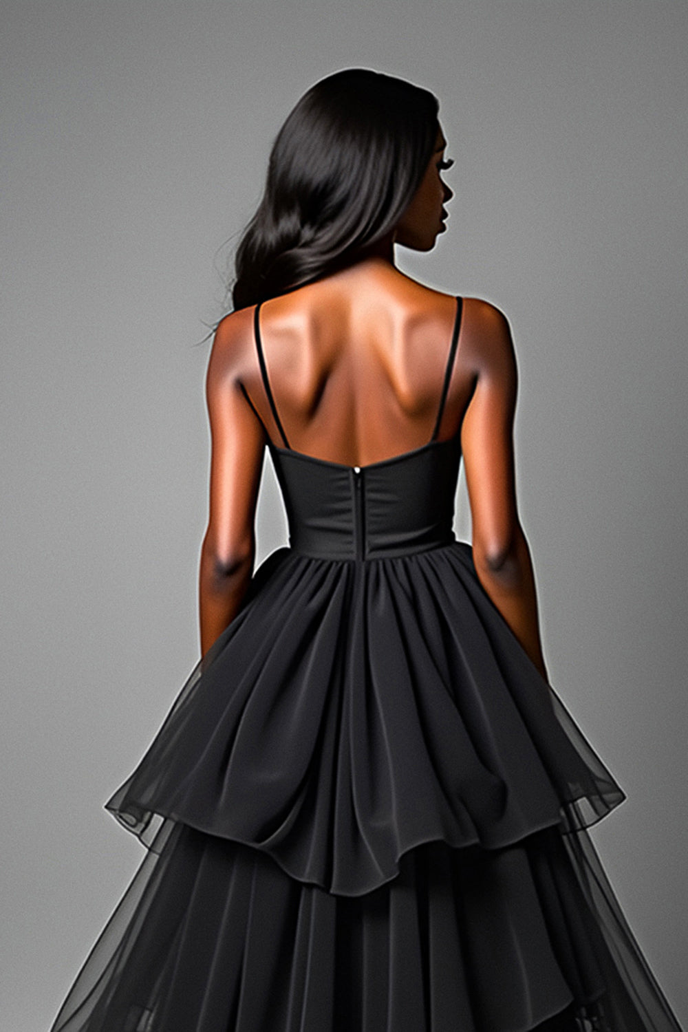 Asymetrical Tulle Long Black A Line Tiered Prom Dress