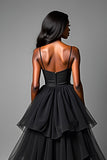 Asymetrical Tulle Long Black A Line Tiered Prom Dress
