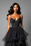 Asymetrical Tulle Long Black A Line Tiered Prom Dress