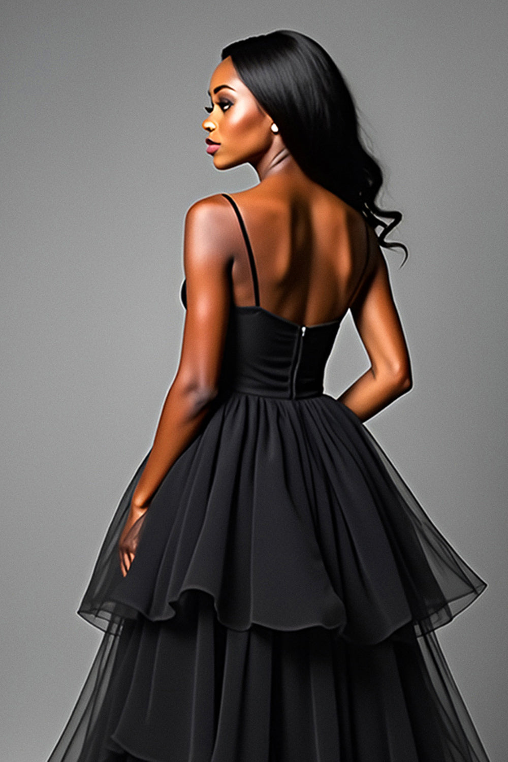 Asymetrical Tulle Long Black A Line Tiered Prom Dress