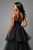 Asymetrical Tulle Long Black A Line Tiered Prom Dress